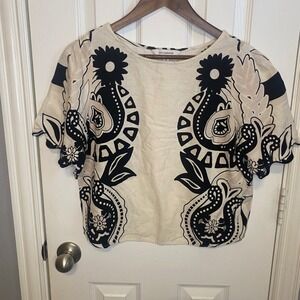 Calligraphie Womens Small Crop Top Linen Blend Paisley Floral Scalloped Sleeve